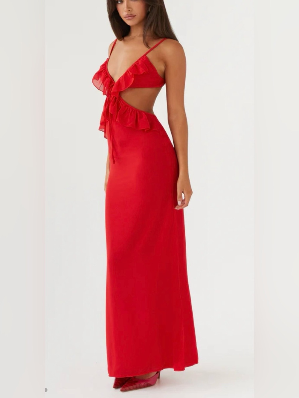 Peppermayo Red Backless Ruffle Maxi Dress
